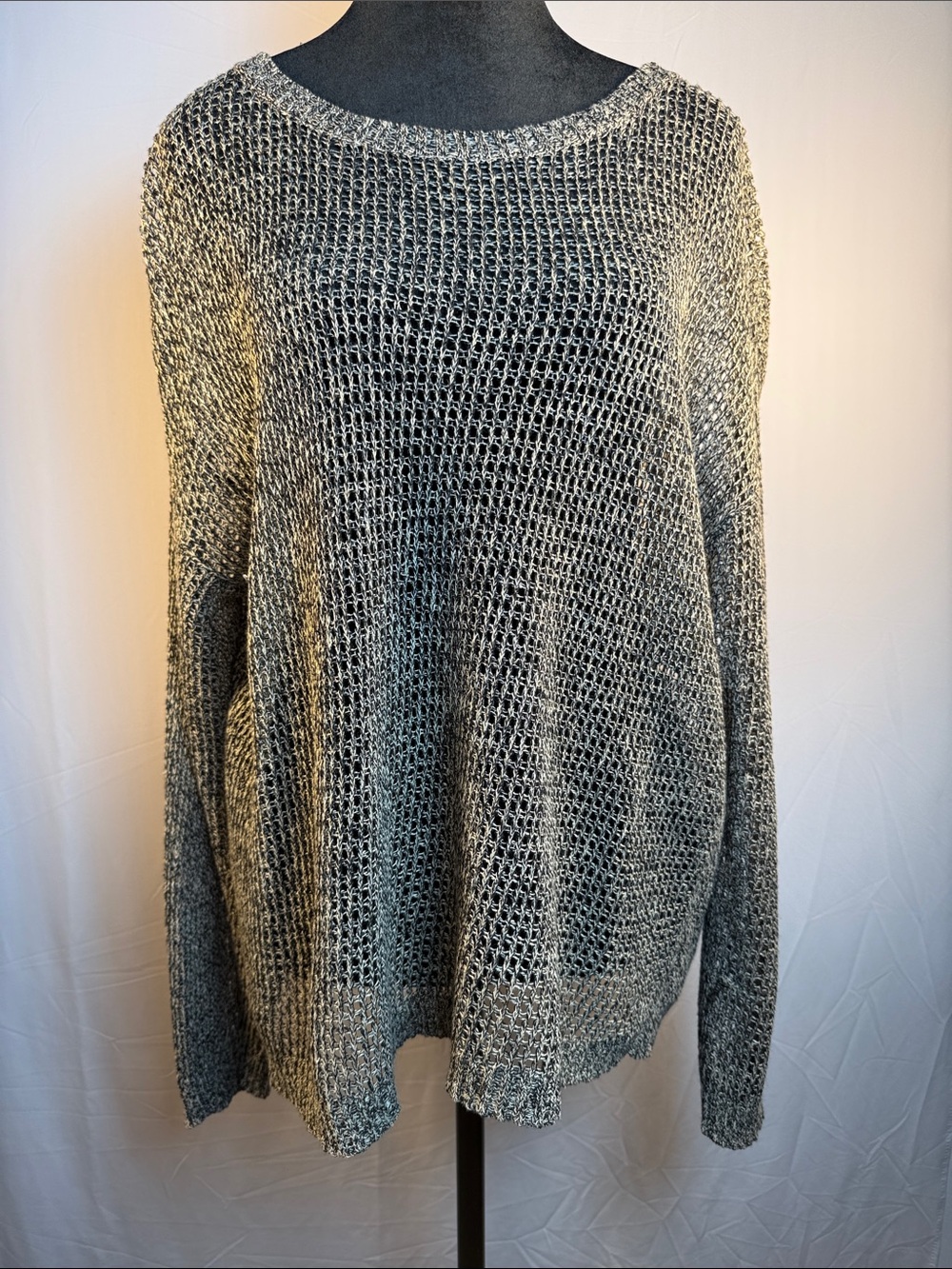 Eileen Fisher Linen/Wool Open-Knit Gray Scoop Neck Sweater